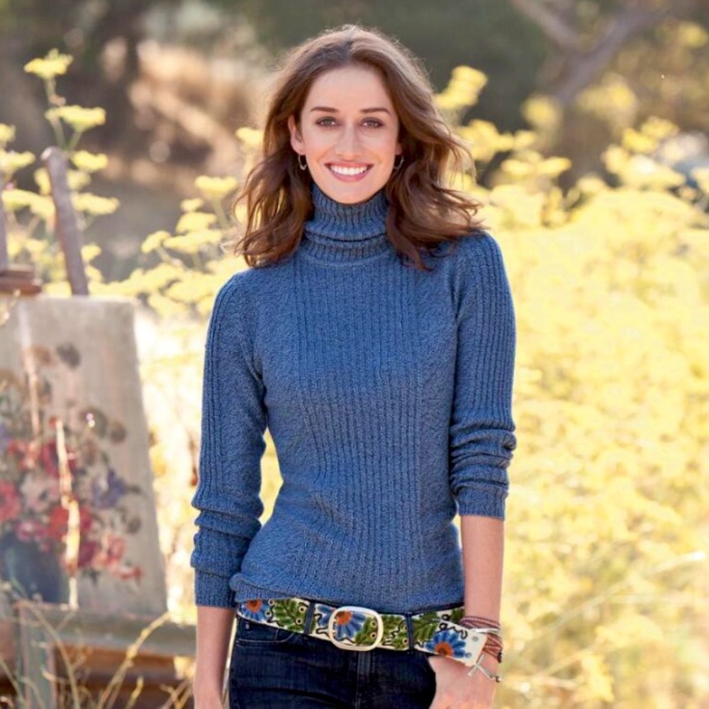 Sundance Blue Ribbed Tweed Long Sleeve Minimalist Turtleneck Sweater Medium